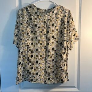 Womens Vintage Stunt Silk Blouse Tan Black Square Pattern Shoulder Pads Size L